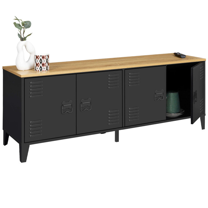 Credenza bassa in stile industriale con 4 ante in metallo nero e piano in legno da 140 cm - ESTER | ID Market