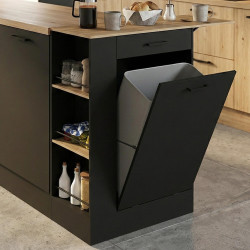 Credenza da cucina compatta TIBO 90 cm con cestino, ripiano ribaltabile, 1 cassetto e 3 ripiani laterali in legno e nero