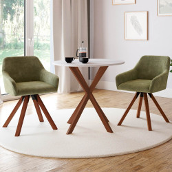 Set di 2 poltrone girevoli per sala da pranzo e tavolo JANY in tessuto di ciniglia verde con gambe in noce