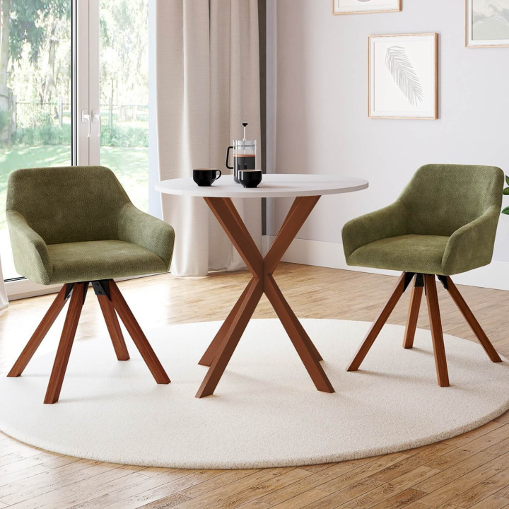 Set di 2 poltrone girevoli per sala da pranzo e tavolo JANY in tessuto di ciniglia verde con gambe in noce