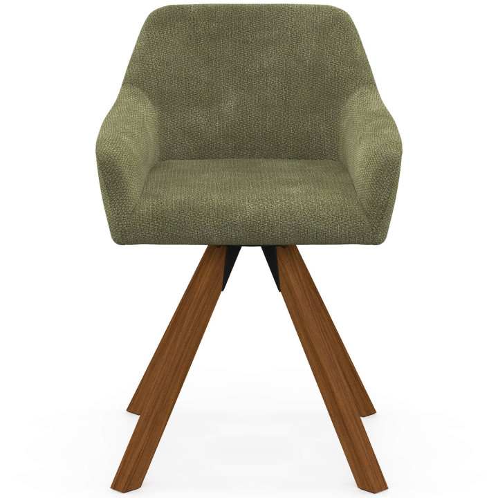 Set di 2 poltrone girevoli per sala da pranzo e tavolo JANY in tessuto di ciniglia verde con gambe in noce