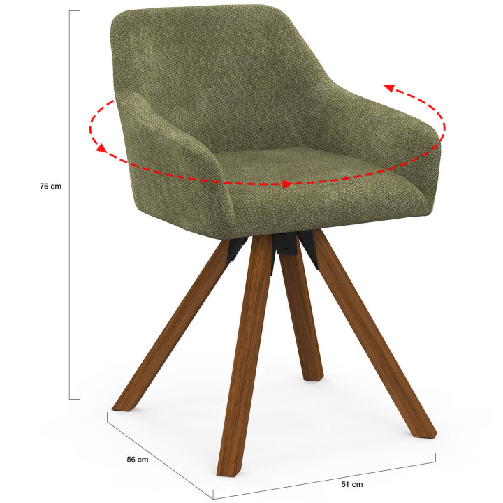 Set di 2 poltrone girevoli per sala da pranzo e tavolo JANY in tessuto di ciniglia verde con gambe in noce