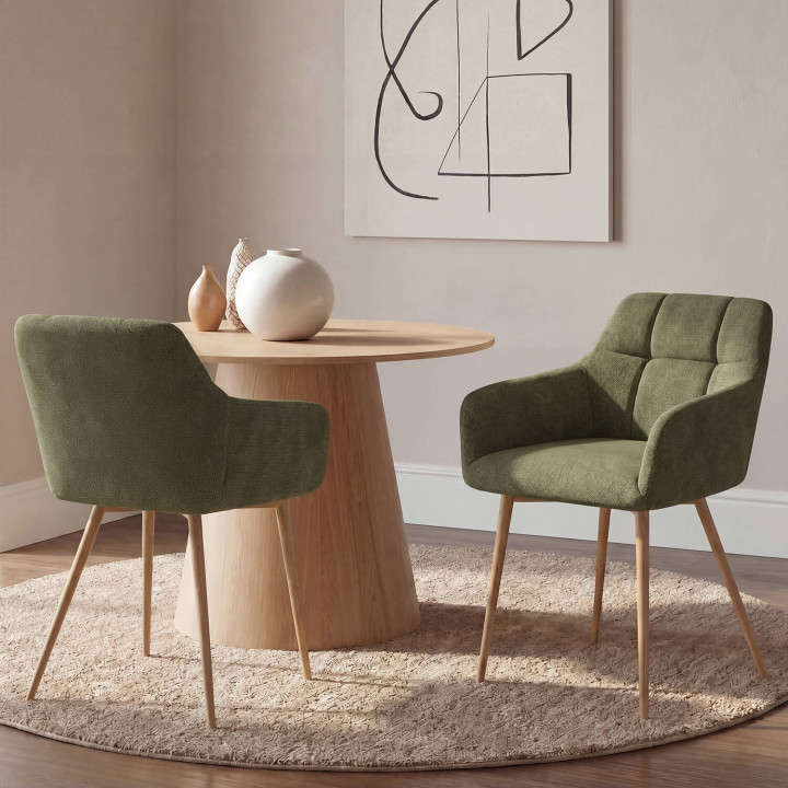 Set di 2 sedie GINA in tessuto di ciniglia verde con gambe effetto noce