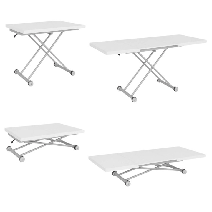 Tavolino ALTURA 100-160 cm, allungabile e trasformabile in tavolo da pranzo rettangolare, piano bianco, gambe cromate