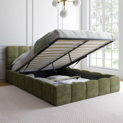 Letto matrimoniale a contenitore con testiera imbottita e rete da 140 x 190 cm in tessuto ciniglia verde kaki - NUAGE