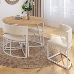 Set composto da tavolo e 4 sedie incastrabili MILENE in metallo bianco, con piano effetto faggio e rivestimento in velluto beige