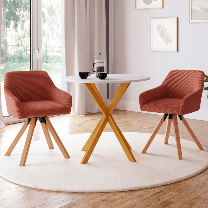 Set di 2 sedie da pranzo JANY, poltroncine da tavolo, velluto trapuntato color terracotta, gambe effetto legno