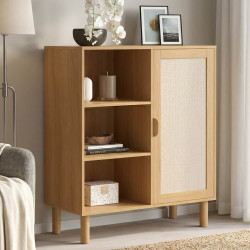 Credenza con 3 ripiani e armadietto 70 cm effetto legno e lino - ROBIN