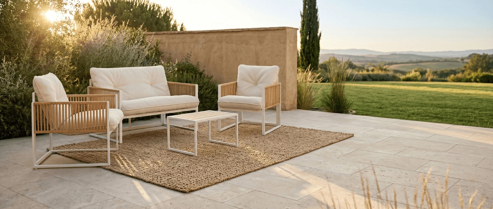 Set di mobili da giardino RIO a 4 posti con struttura in metallo bianco, cordame effetto rattan chiaro e cuscini beige